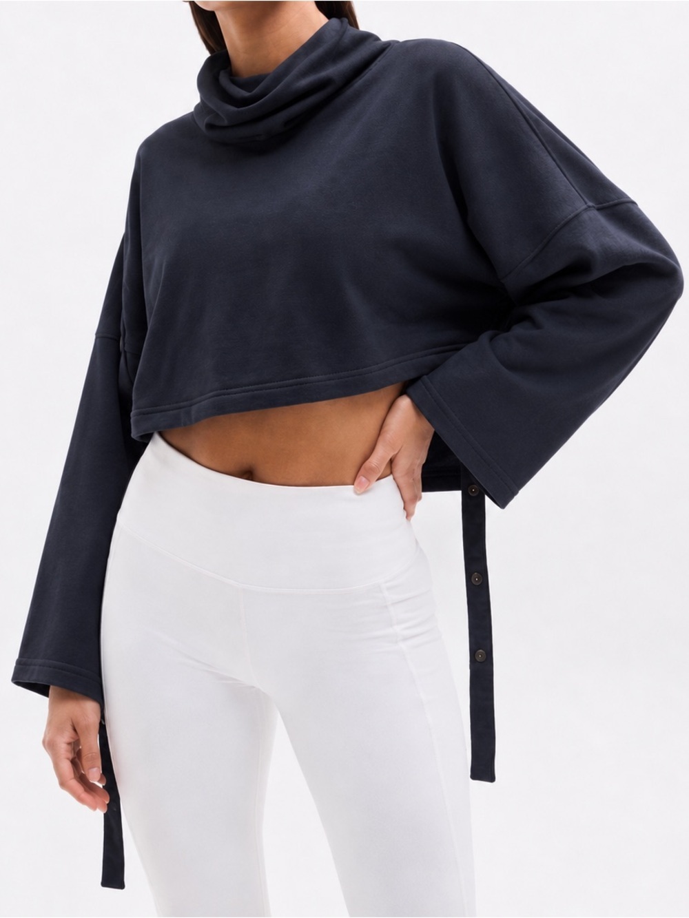 Nap loungewear navy blue mock neck cropped snap sleeve sweatshirt size medium